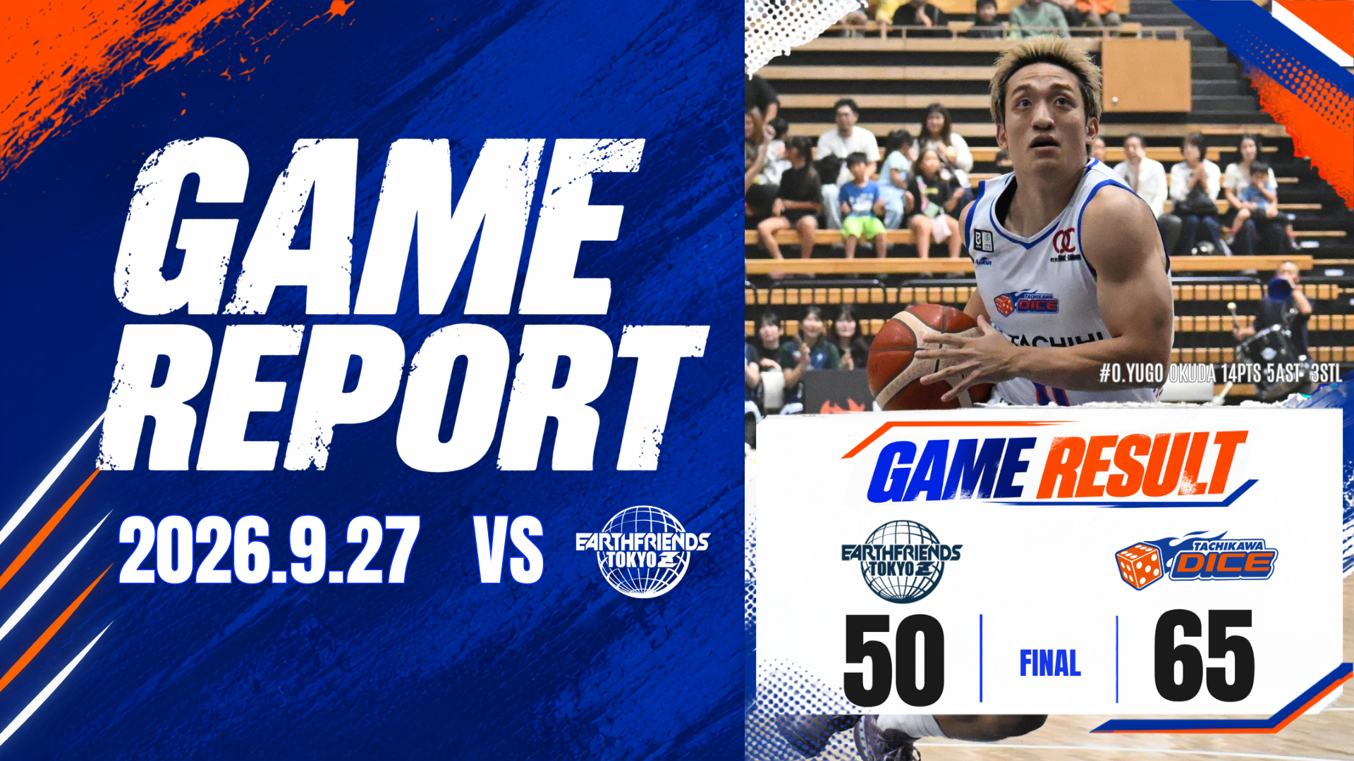 9/27(日)りそなグループ B.LEAGUE 2026-27 SEASON B.LEAGUE ONE リーグ戦 第1節 アースフレンズ東京Z vs 立川ダイス GAME2 試合結果