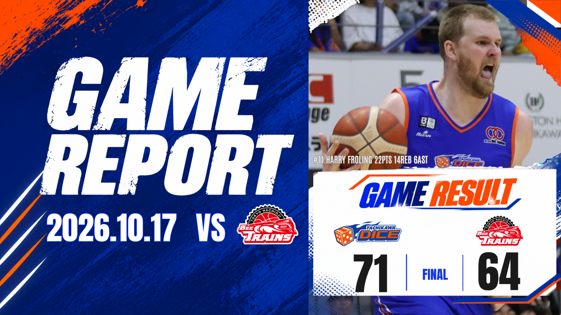 10/17(土)りそなグループ B.LEAGUE 2026-27 SEASON B.LEAGUE ONE リーグ戦 立川ダイスvs東京八王子ビートレインズ 試合結果