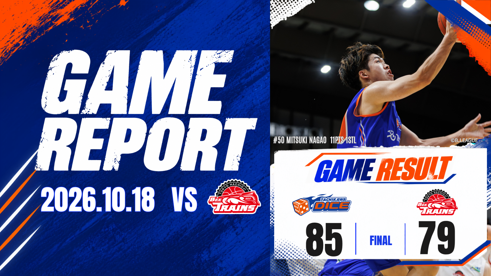 10/18(日)りそなグループ B.LEAGUE 2026-27 SEASON B.LEAGUE ONE リーグ戦 立川ダイスvs東京八王子ビートレインズ 試合結果