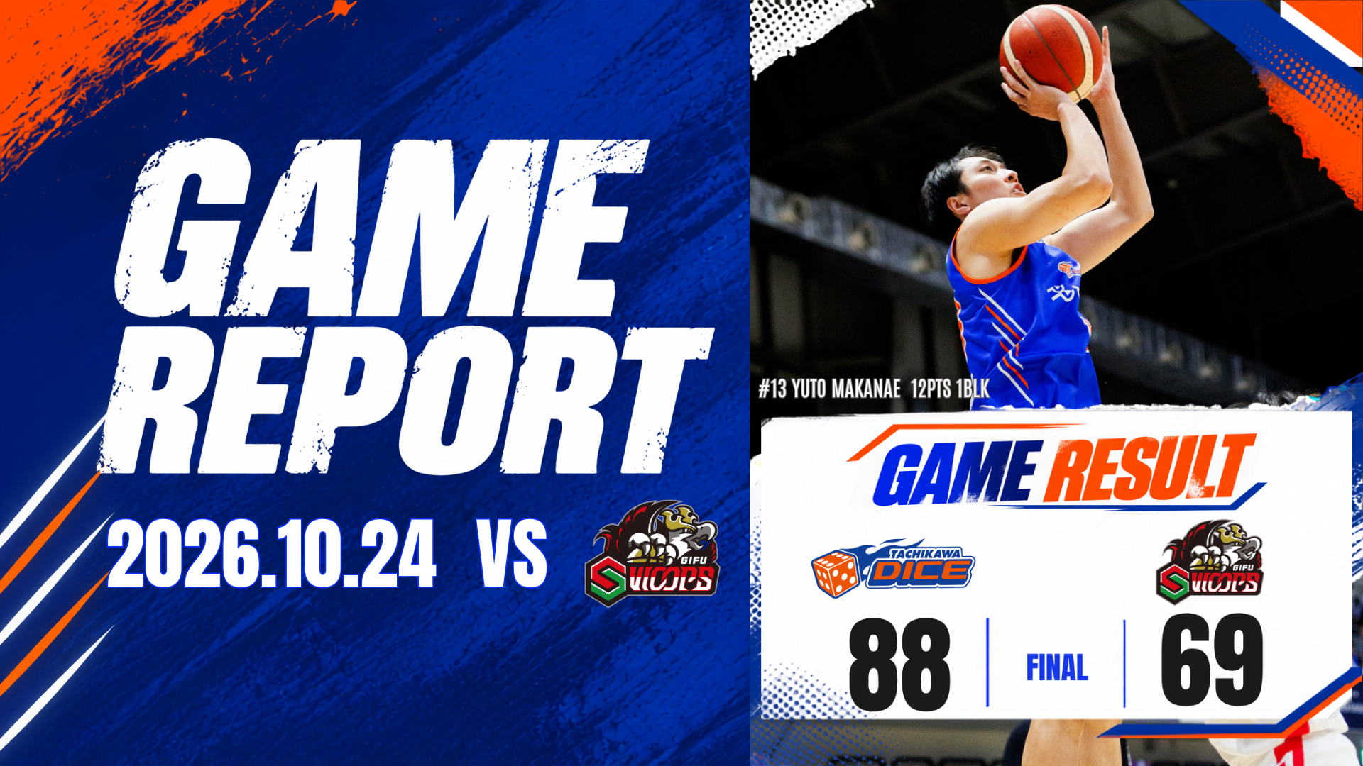10/24(土)りそなグループ B.LEAGUE 2026-27 SEASON B.LEAGUE ONE リーグ戦 立川ダイスvs岐阜スゥープス 試合結果